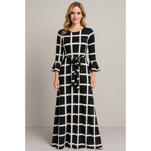 Urban Modesty Black White Windowpane Midi Dress Tie Waist Bell Sleeve NWT